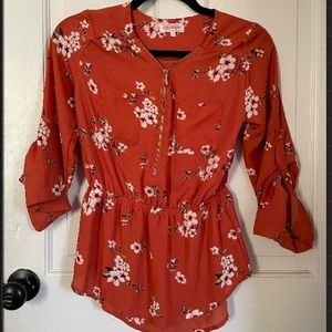 Orange/red flower half zip flowy long sleeve